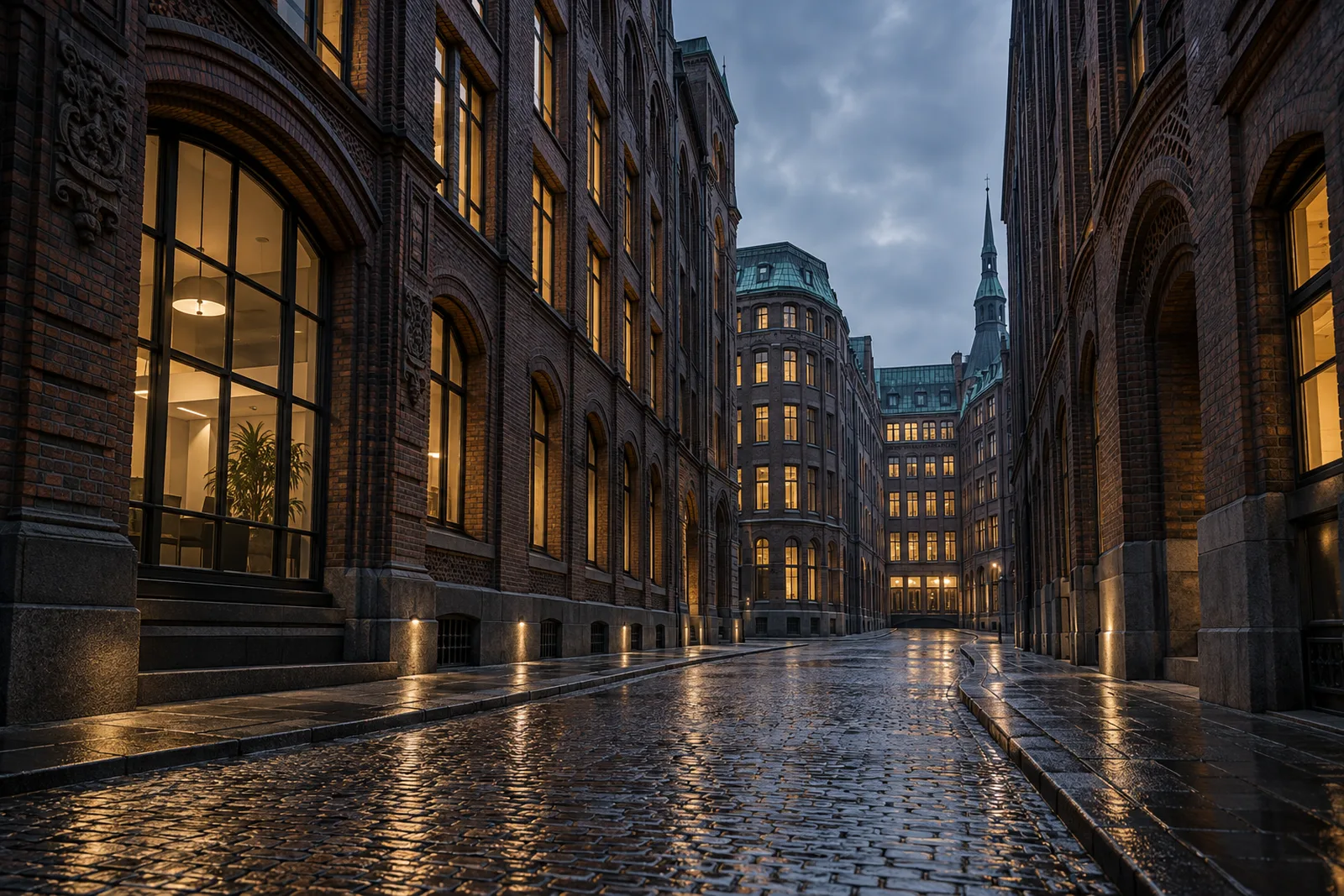 Kontorhausviertel in Hamburg zur blauen Stunde: Planungsbüros, in denen ab 2027 mehr Rechenarbeit für den Energieausweis anfällt, energieausweis HAMBURG